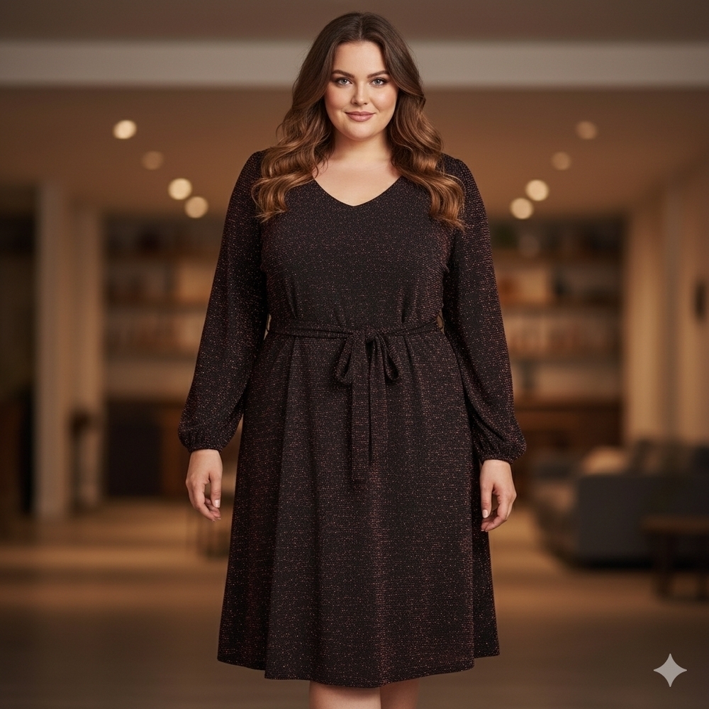 Penningtons Black Red Stretchy Glitter Long Sleeve Party Dress Size 4X Dressy - Picture 4 of 14